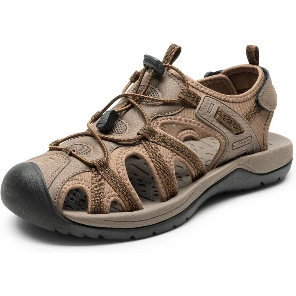 Casual Hiking Sandals Men's Khaki Athletic Cushioned Closed Toe Fisherman Shoes